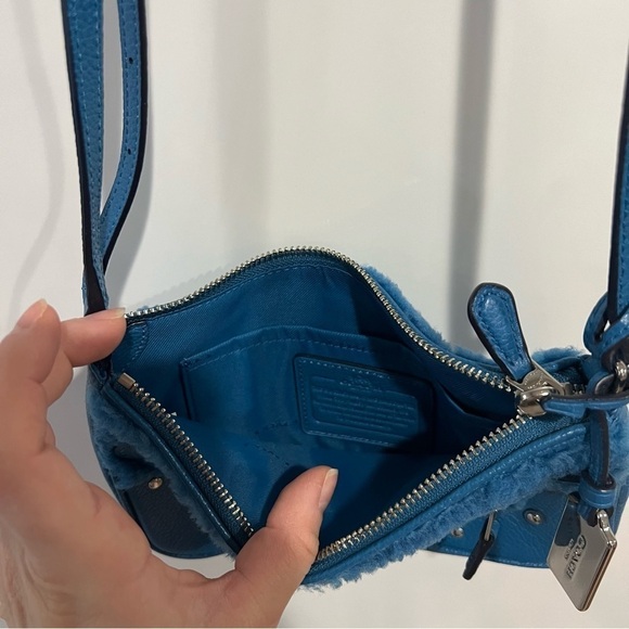 Coach Bright Blue Shearling Leather Rhyder Pochette Crossbody Bag - Picture 10 of 15